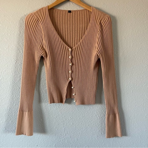 Tan Ribbed Cardigan Pearl Button Sweater Neutral Knit Layering Womens Size Large - Picture 1 of 4